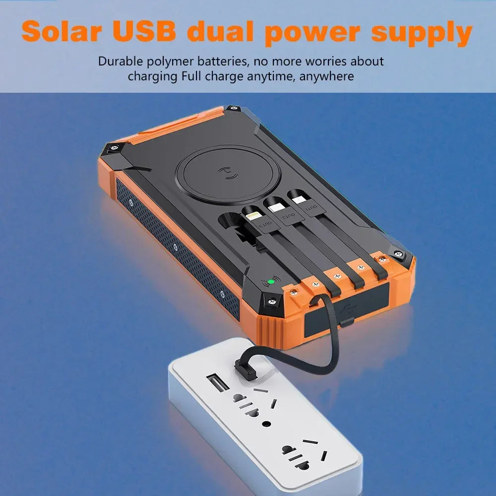 Solar Power Bank Ultra Large Capacity USB 4 in1 Super Fast Charging Built in Cables TypeC LED Light