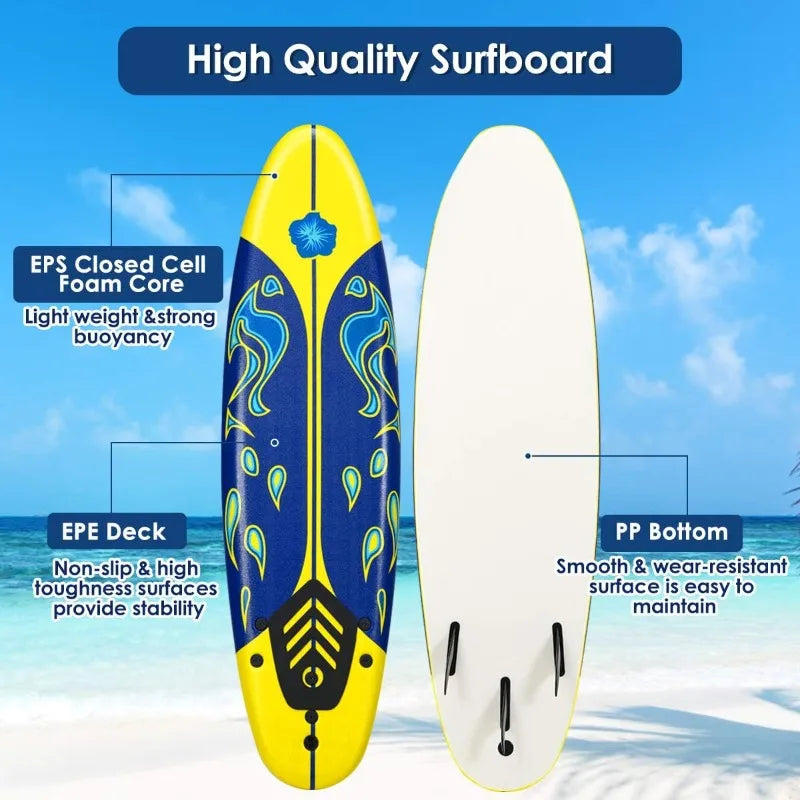 Surfboard,6 Ft Stand Up  with 3 Detachable Fins, Safety Leash, Non-Slip Lightweight Foam4 Kids