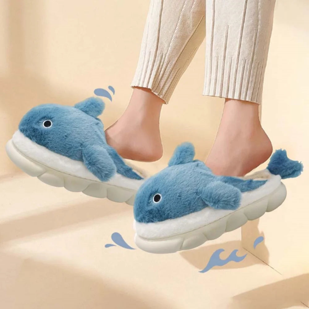 Soft Plush Sharky Slides For Wome&Men,Whale Shark Anti-Skid Winter Cute Couple House Slippers