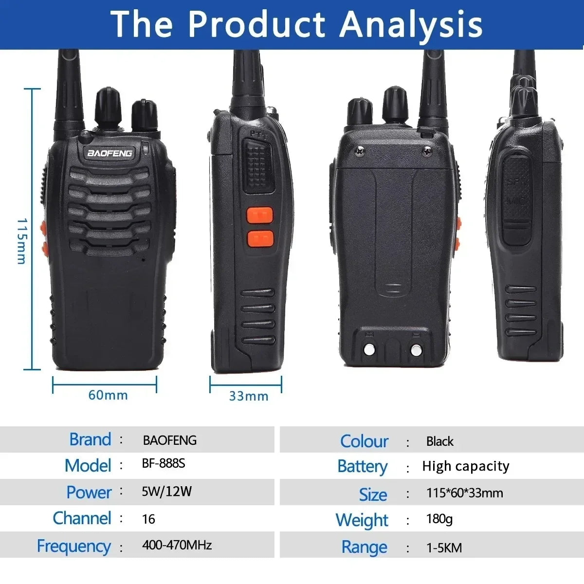 2Pcs BF 888S Walkie Talkie UHF 400 470MHz Long Range Two Way Ham Radios Transceiver, Hunting, travel