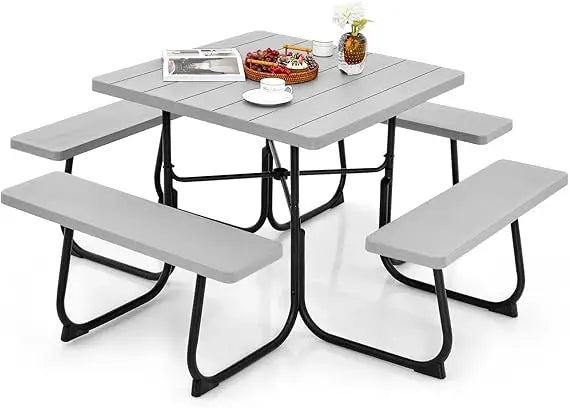 8 Person Picnic Table, Outdoor Square w/ 4 Built-in Benches, Umbrella Hole, Metal Frame & Tabletop,