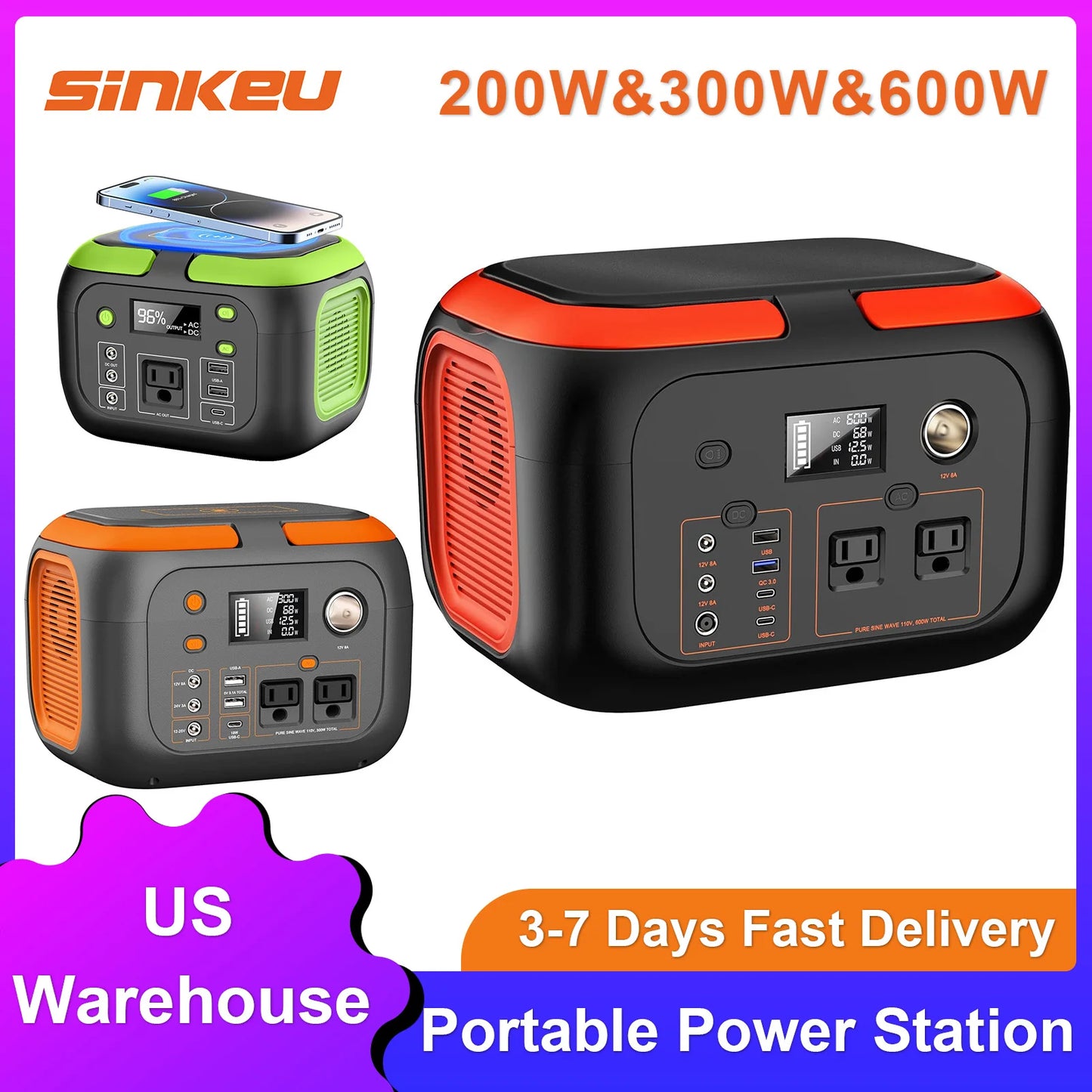 600W/300W/200W Portable Power Station,110V AC Outlets Solar Generator Storage Energy Camp RV Home