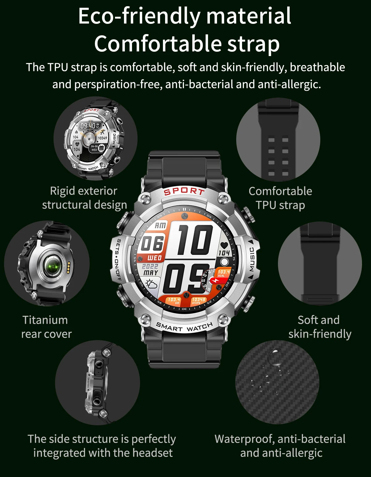 Smart Watch AMOLED Display In-Ear Bluetooth Headset Heart Rate Blood P, Oxygen Sat. Monitoring HD