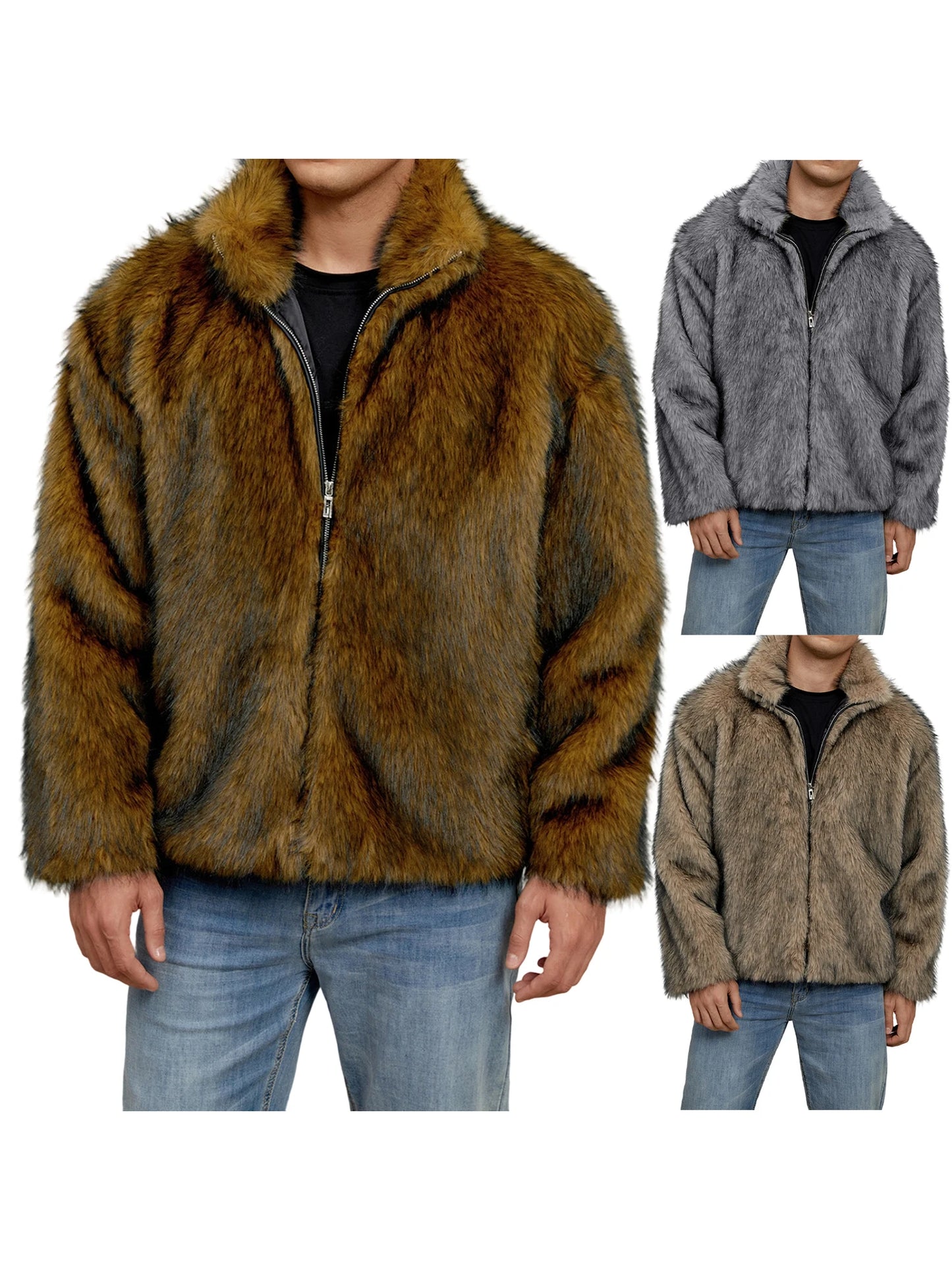 Men s Faux Fur Jacket Winter Thick Long Sleeve Stand Collar Loose Zip Up Warm Outwear Windbreaker
