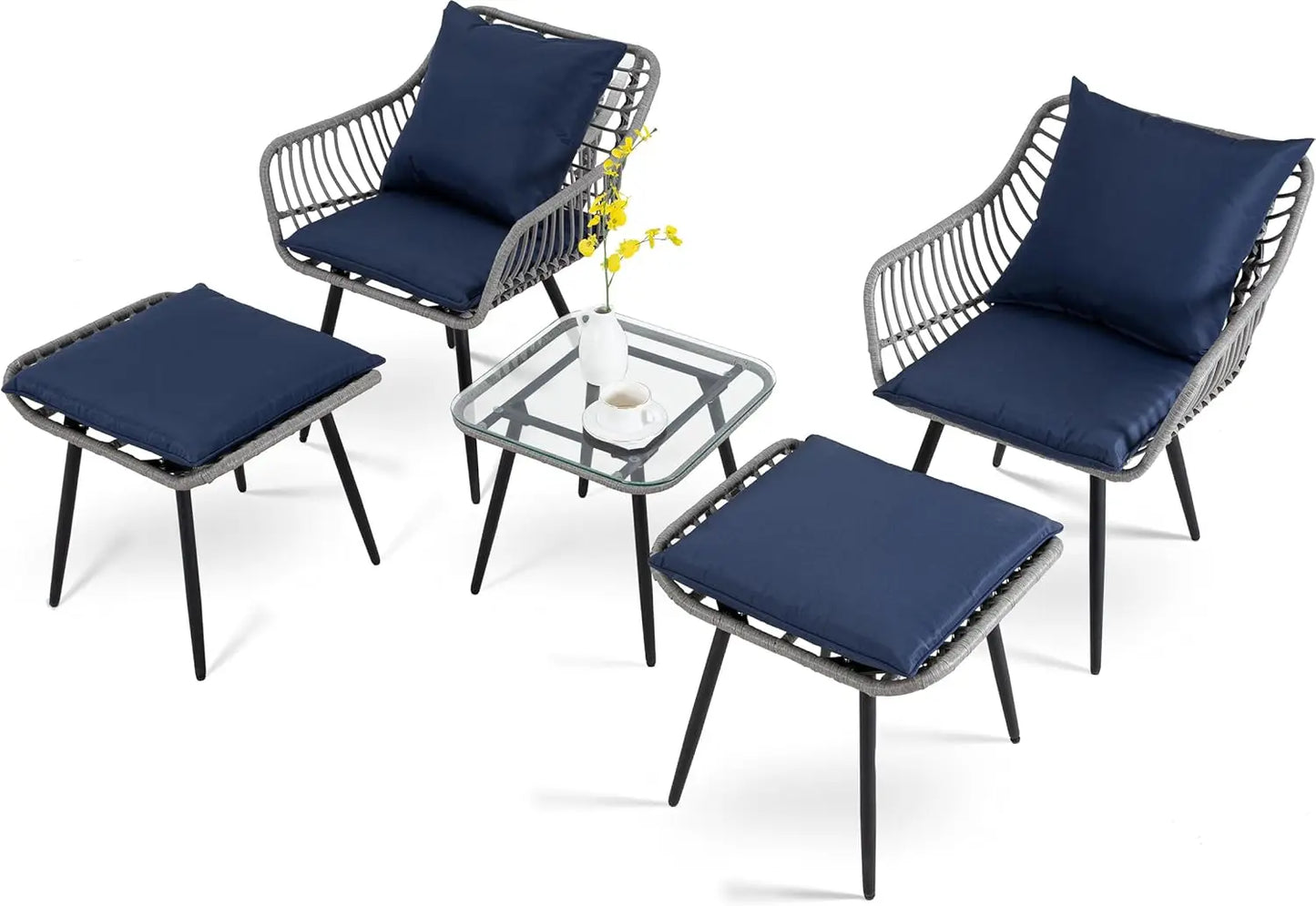 5 Piece Patio Bistro Set, Ottoman, Outdoor Wicker Balcony Rattan Table and Chairs Set of 2