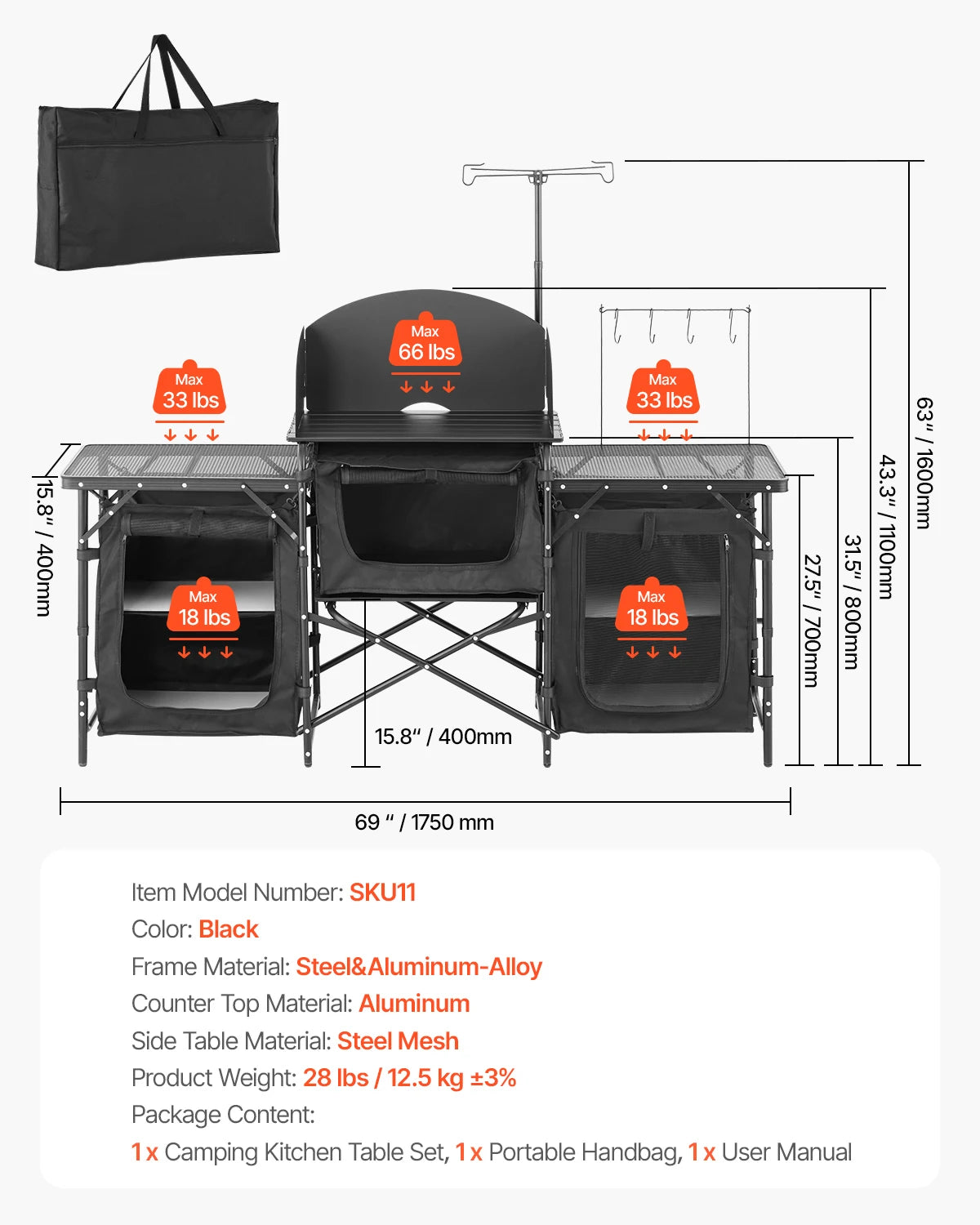 Camp Kitchen Table Aluminum Portable Cook Station, 3 Storage Cupboard Carrying Bag Quick Set-up