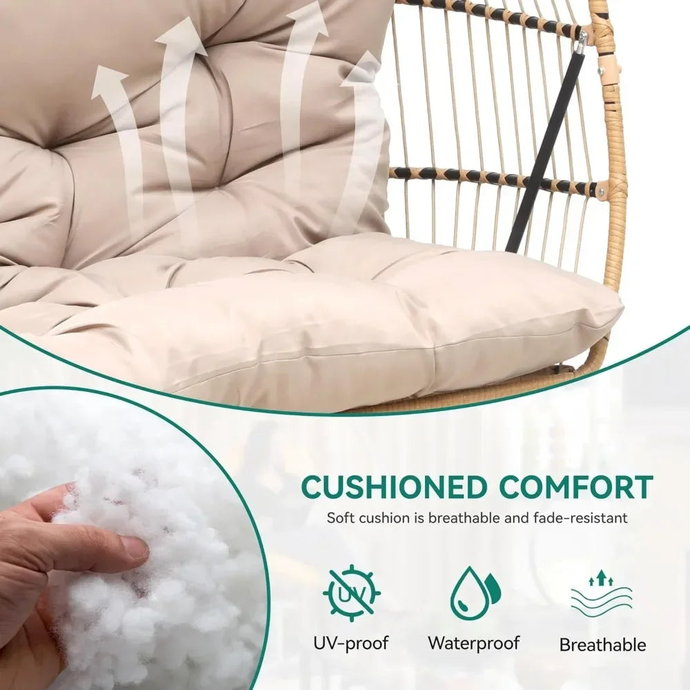 2 Person Hanging Egg Swing Chair,W/Stand, Wicker Indoor Outdoor Hammock, Cushions 550lbs, Patio