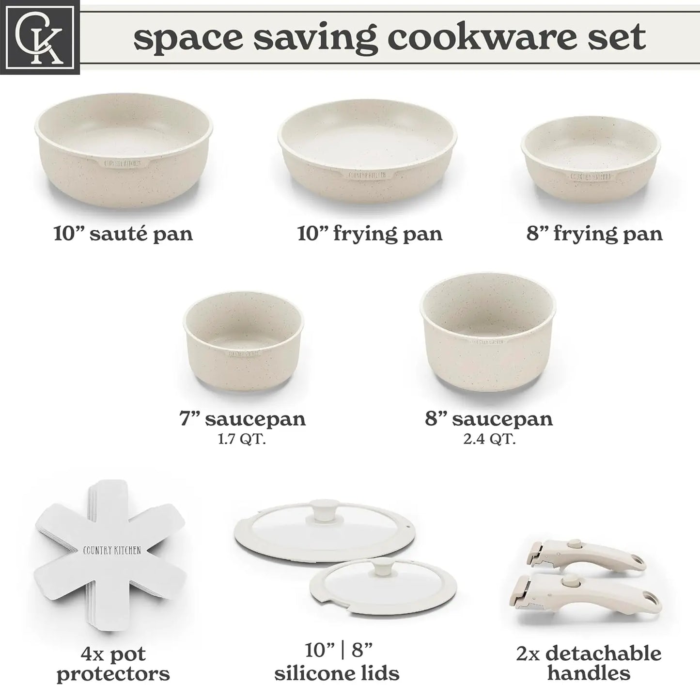 Cookware Set with Removable Handle, Oven & RV Safe Pots and Pans Set, Cream, Original