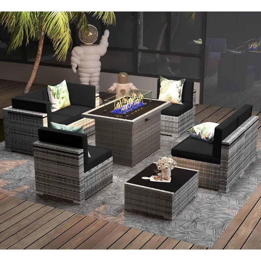 8-Piece Outdoor Wicker Sofa Set with Propane Fire Pit Table