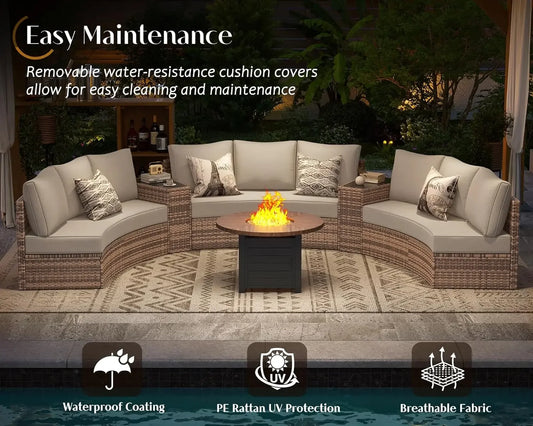 Patio Set,11 Piece Half-Moon Sectional Round Patio Furniture Set,Storage Wedge Table,for Backyard