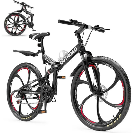 26 Inch Folding Mountain Bike, 21 Speed Full Suspension, High-Carbon Steel, Dual Disc Brake Non-Slip