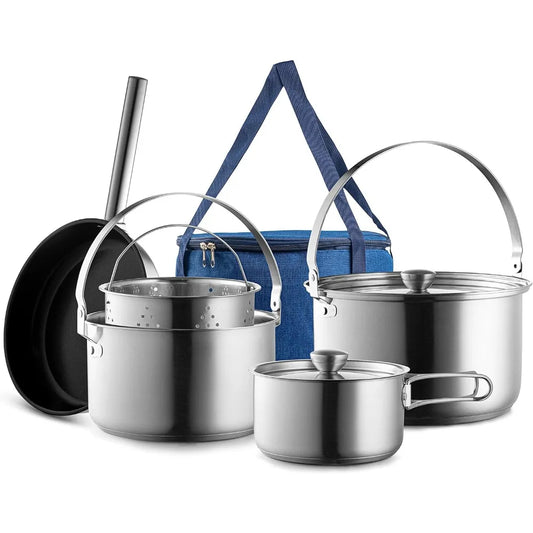Camping Cookware 304 stainless steel 8-piece pot and pan  kit | Skillet steamer,travel bag