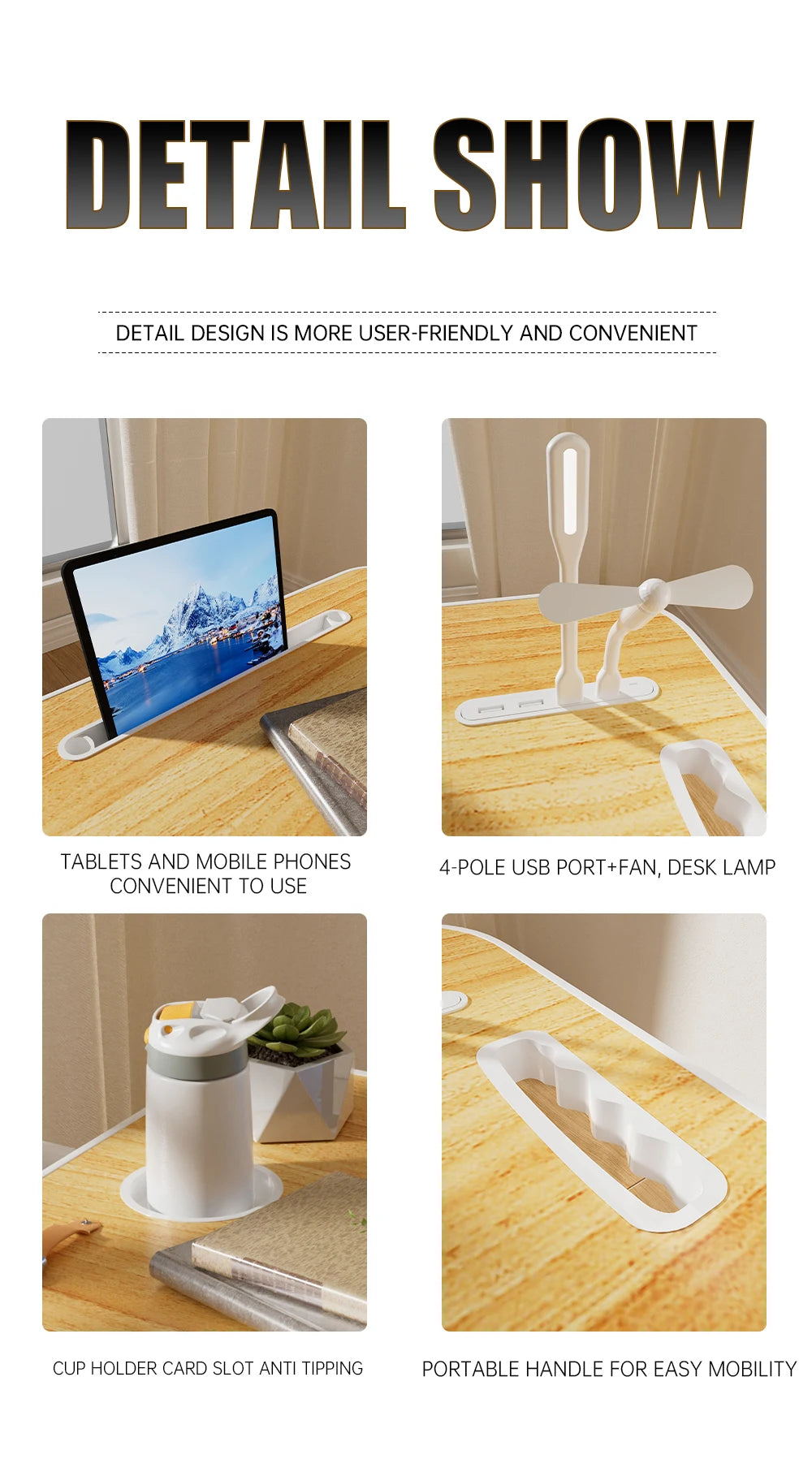 Portable Laptop Desk with USB Light, Small Fan, Cup Holder, laptop Slot, lifting Handle - Foldable