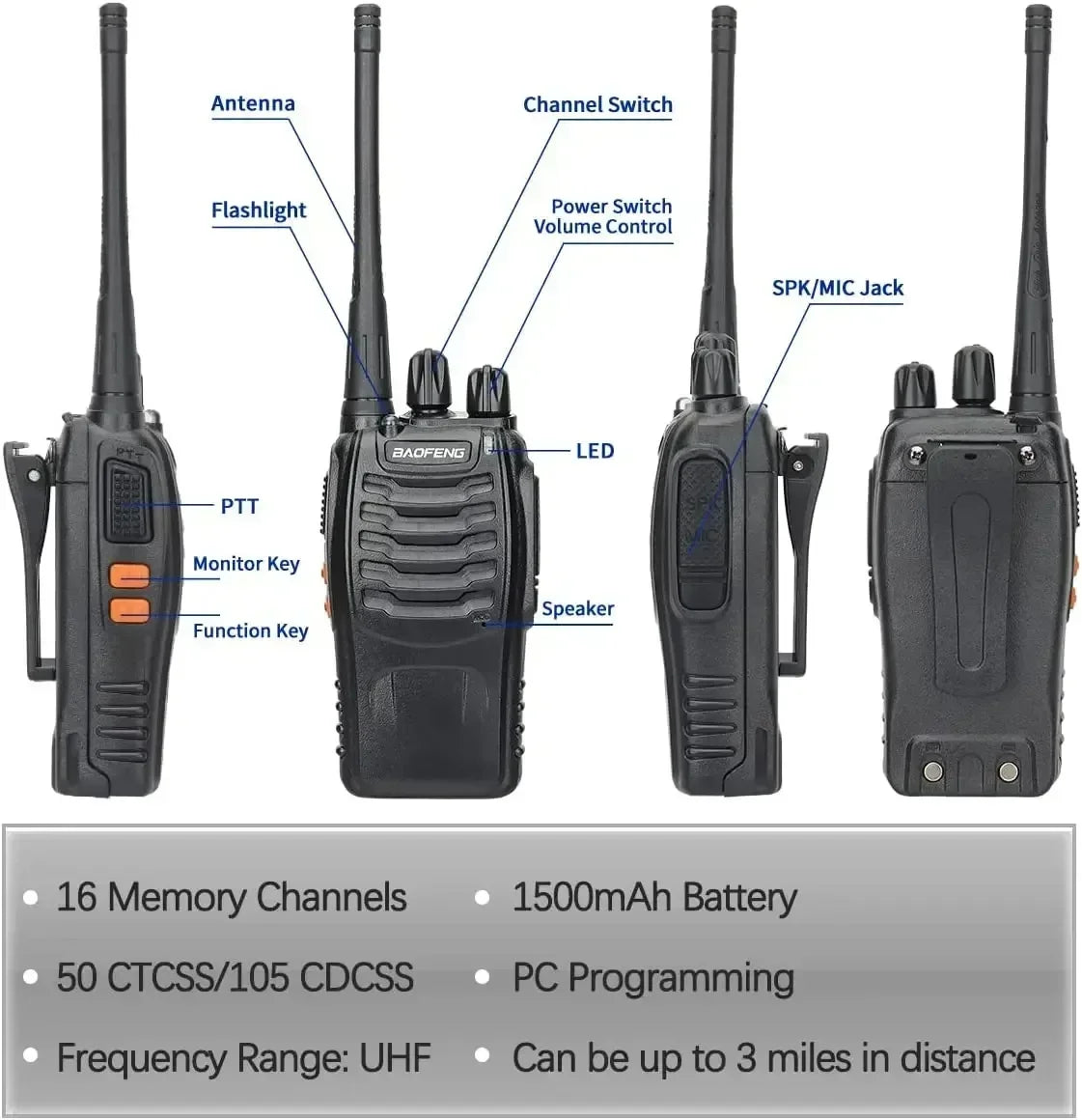 2Pcs BF 888S Walkie Talkie UHF 400 470MHz Long Range Two Way Ham Radios Transceiver, Hunting, travel
