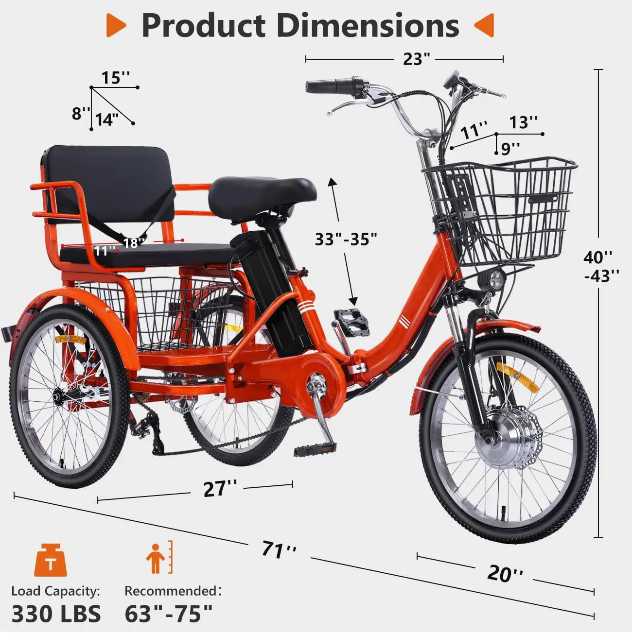 Two Seater E-Tricycle, Adults 48V-13Ah Folding,Motorized Trike w/Passenger seat, Customized