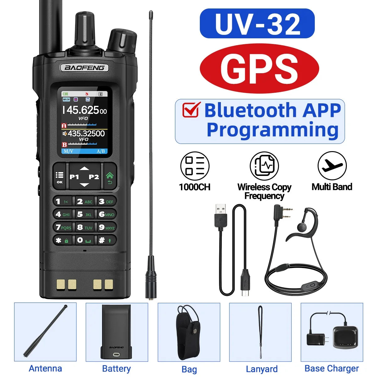 GPS Walkie Talkie 10W Long Range Multi Band Bluetooth APP Programming Wireless Copy Frequency Type-C