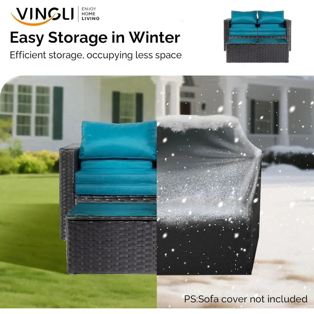 6 Pieces Wicker Patio Set, Outdoor Sectional Conversation Set Space-Saving Design with Ottomans