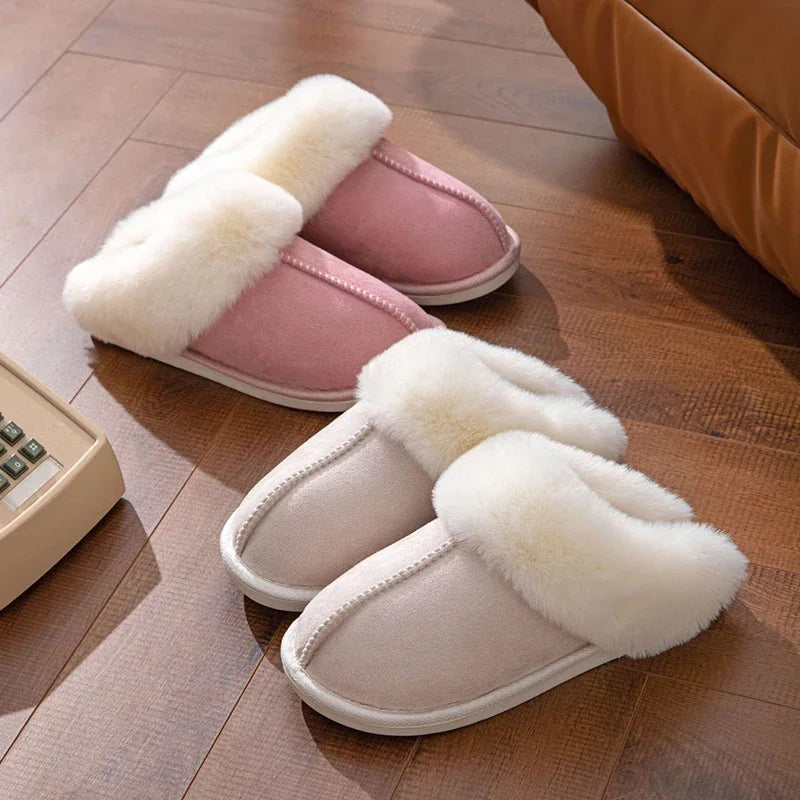 2025 Winter Warm Flat Fur Slippers Women Faux Suede  Slides Comfort Non Slip Indoor FloorCotton