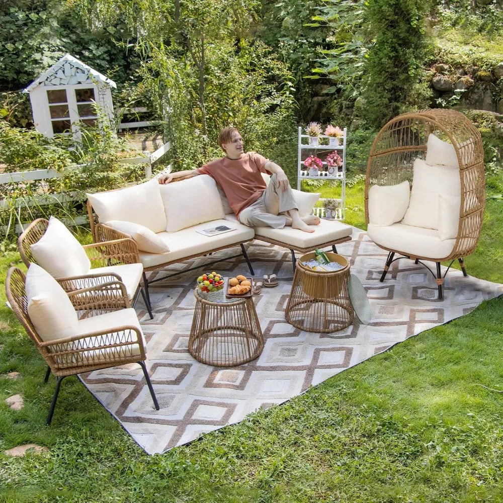 7-piece Bohemian Courtyard Furniture Sofa ,Including Egg Chairs, L-shaped Leisure Chairs, Cushions