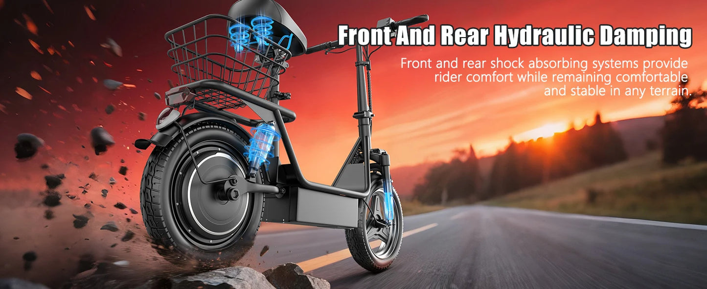E-Scooter Adults,650W Peak Motor,48V15AH Battery, Seat,Up to 20MPH,25Miles Long Range,With Basket