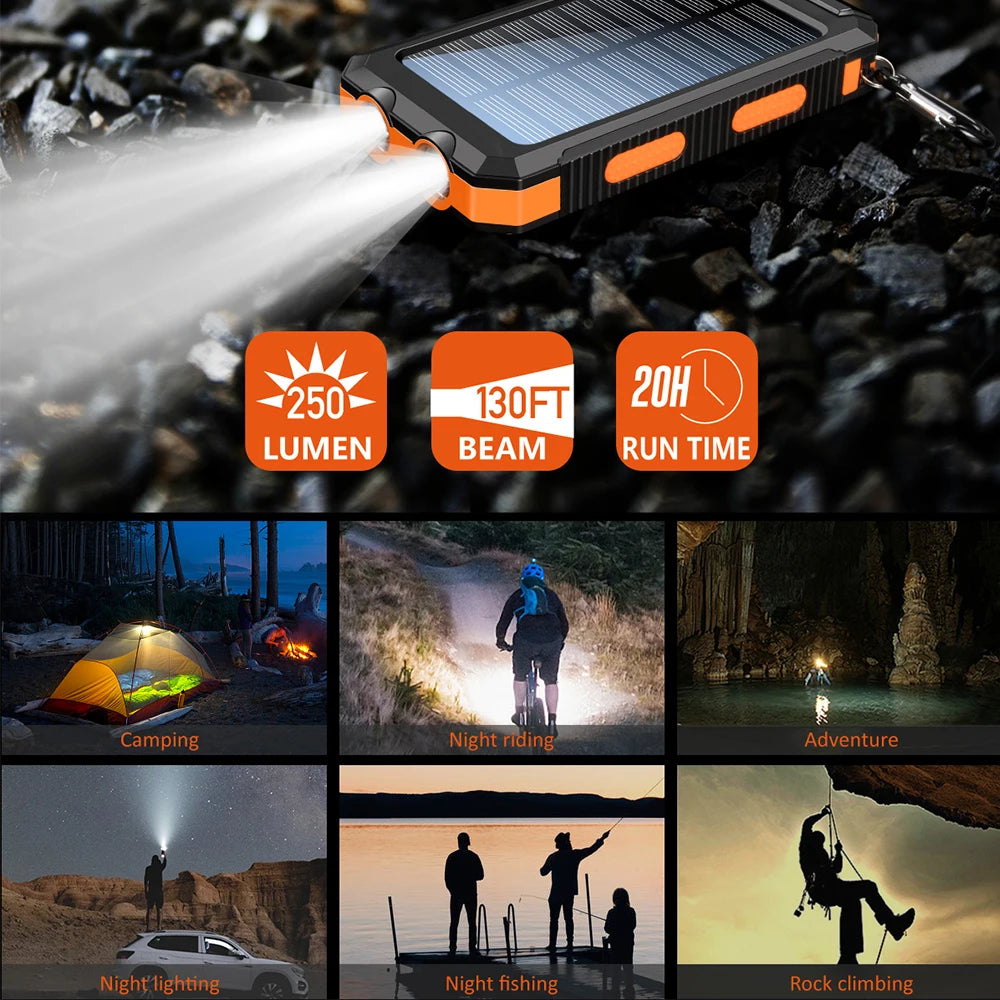 10000mAh Solar Charging Power Bank,Dual USB & Type C Output Port Multichargerlashlight and Compass
