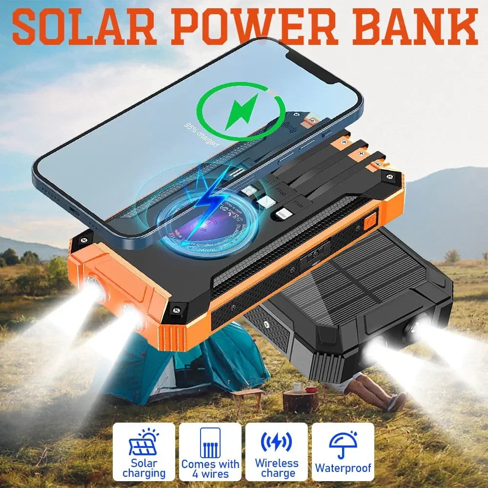 Solar Power Bank Ultra Large Capacity USB 4 in1 Super Fast Charging Built in Cables TypeC LED Light