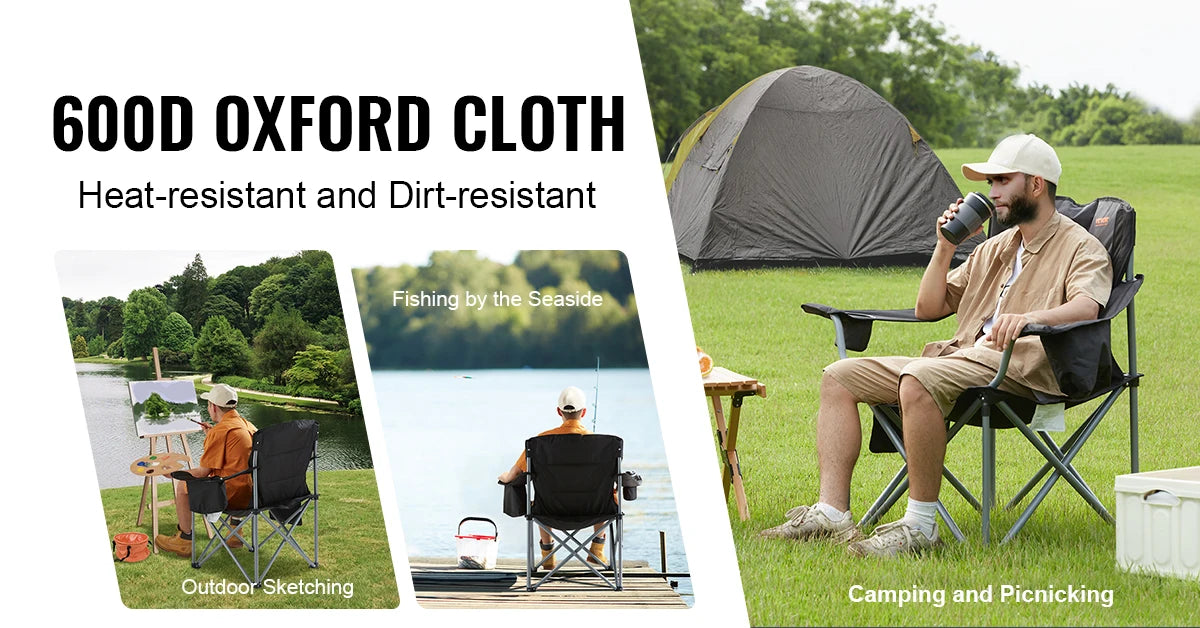 Camping Folding Chair, Adults Portable Quad Lumbar Back Padded Arm, Side Pockets Beach, Lawn, Picnic
