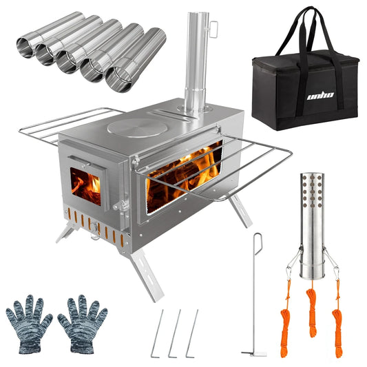Portable Camping Wood Burning Stove Stainless Steel Tent Stove,7 Chimney Pipes Outdoor Camp Heating