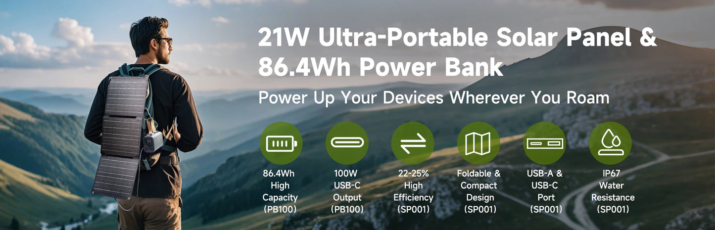 Power Bank PB 100W Fast Charging ,21W Solar Panel Portable Battery Charger For Laptop Phone