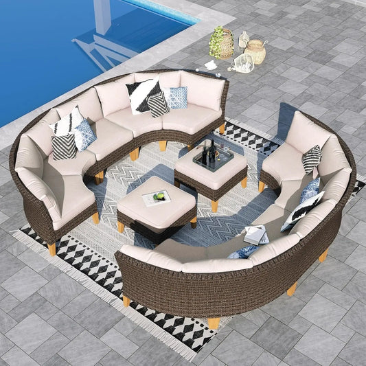 12 Piece Curved Sectional Sofa Rattan Patio ,4 x Curved Sofa,2X Armless Sofa, 2 x Ottoman,Beige
