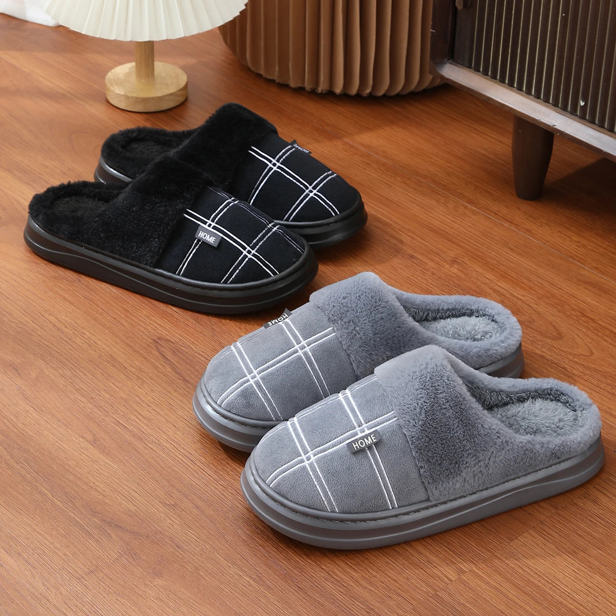 Men Home Slippers Plaid Memory Foam Winter Plush Warm Non-Slip Black Large size 50-51 Fashion