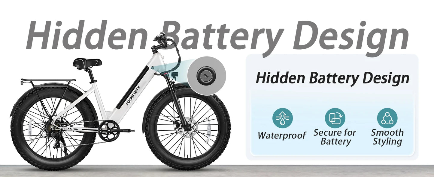 PUCKIPUPPY E-Bike, Adults 960W Peak 48V 15AH 7 Speed All Terrain 26" Fat Tire Front Suspension