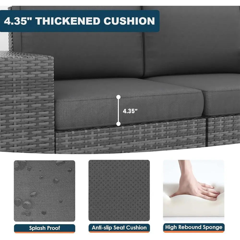 5-Piece Patio Set, Fire Pit Table, Outdoor Grey Wicker Rattan Sofa, 4 Thick Cushions, Grey Cover