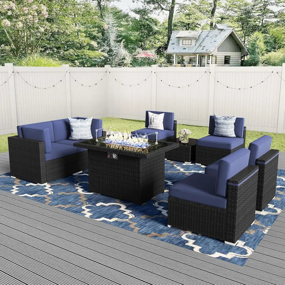 8-Piece Outdoor Wicker Sofa Set with Propane Fire Pit Table
