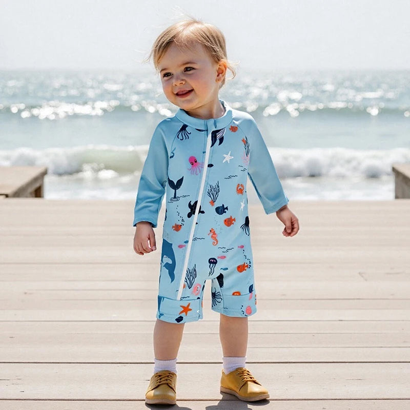 Toddler Boy UV Protection Rash Guard Swimsuit Set with Long Sleeve Zip Animal Print