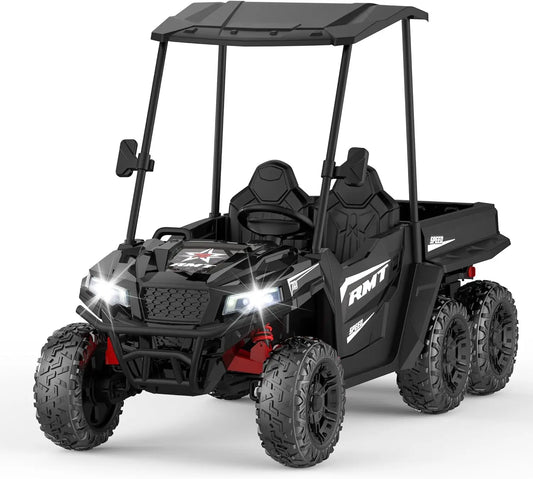 24V Kids Ride on Toys, 2 Seater Car Truck w/Sun Shade, Dump Bed & Shovel, 4WD Electric Ride