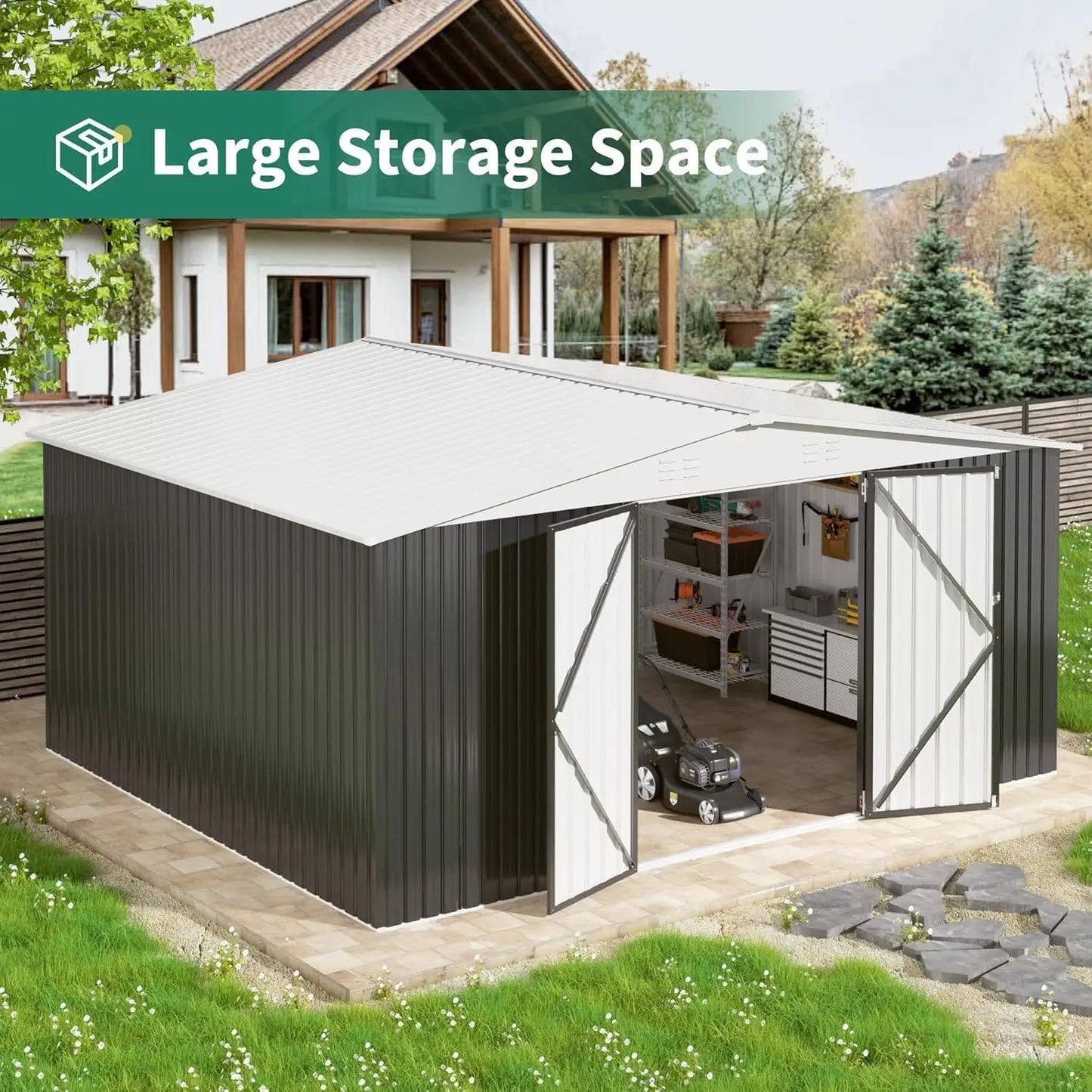 2025-hot12x14 FT Outdoor Storage Shed, Updated Frame Structure , Metal Tool Sheds, Backyard Garden