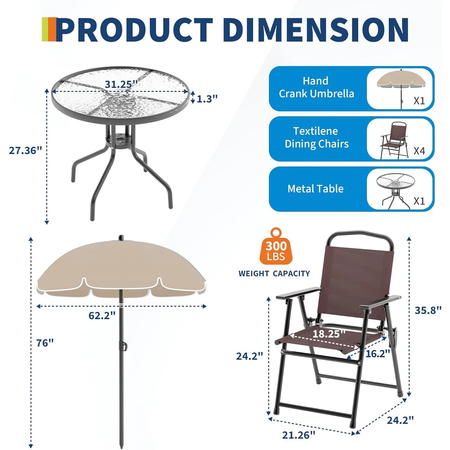 6 Piece Patio Dining for 4, Umbrella, Outdoor Table & 4 Folding Dining Chairs & Round Glass Table