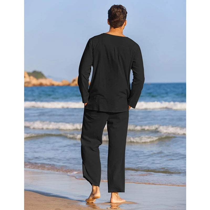 Cotton Linen Solid Color Long Sleeve Henley Shirt Elastic Waist Drawstring 2 Pieces Loungewear Set