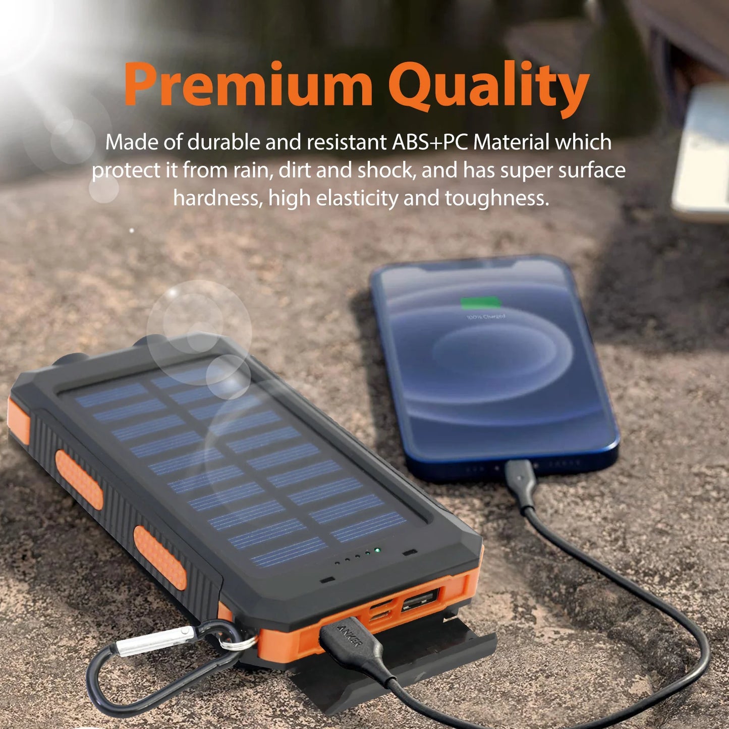 20000mAh Solar Power Bank Portable Charger Waterproof Dual 5V USB Ports 2 LED Light Flashlight Cell