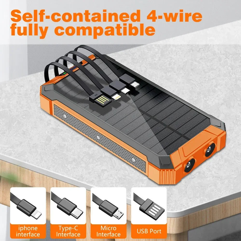 Solar Power Bank Ultra Large Capacity USB 4 in1 Super Fast Charging Built in Cables TypeC LED Light