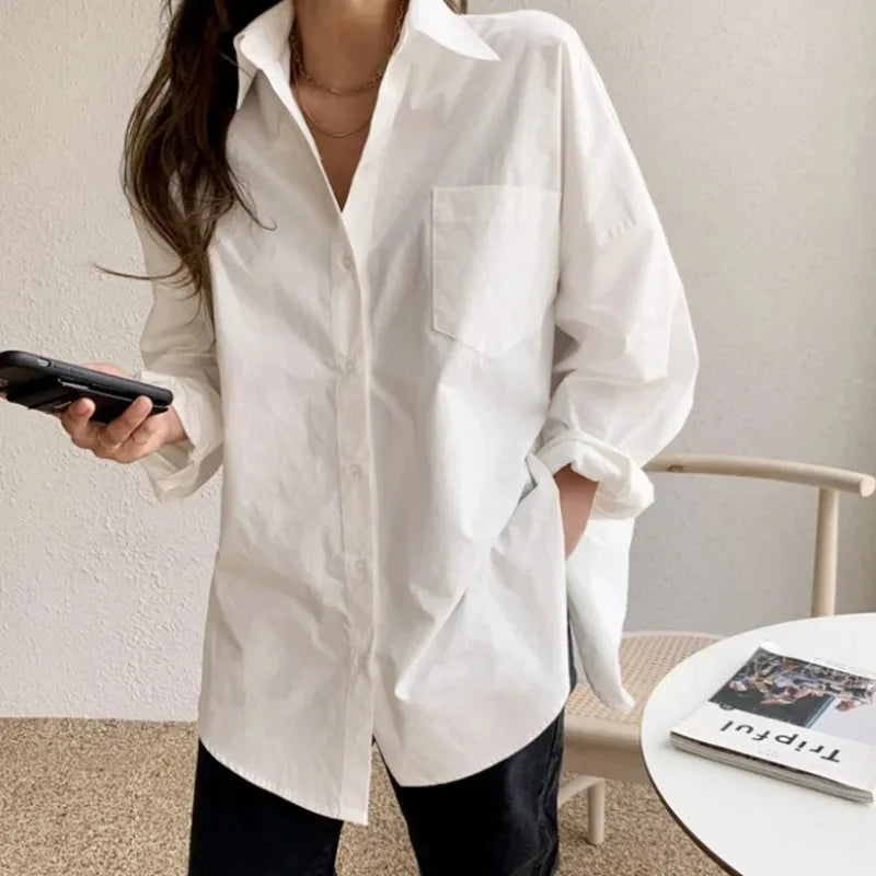 Lady Elegant White Casual Loose Blouses Fashion New Cotton Long Sleeve Women Shirt Turndown Collar