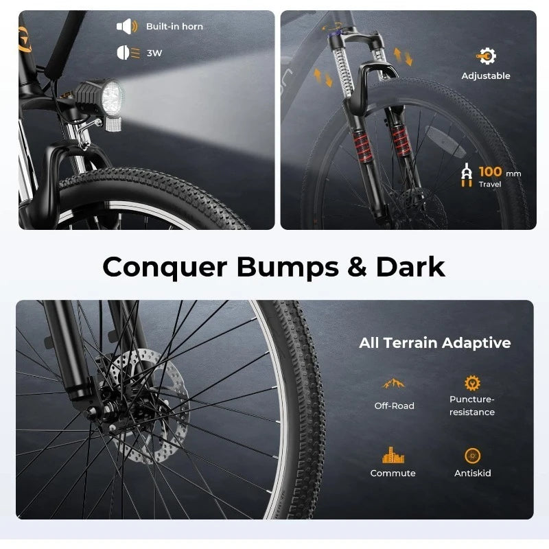 Electric Bike, Adults,Peak 500W Brushless Motor, 40Miles 20MPH Commuting Mountain Bike with 360Wh