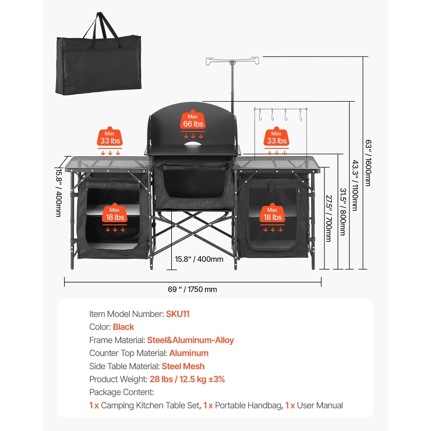 Camp Kitchen Table Aluminum Portable Cook Station, 3 Storage Cupboard Carrying Bag Quick Set-up