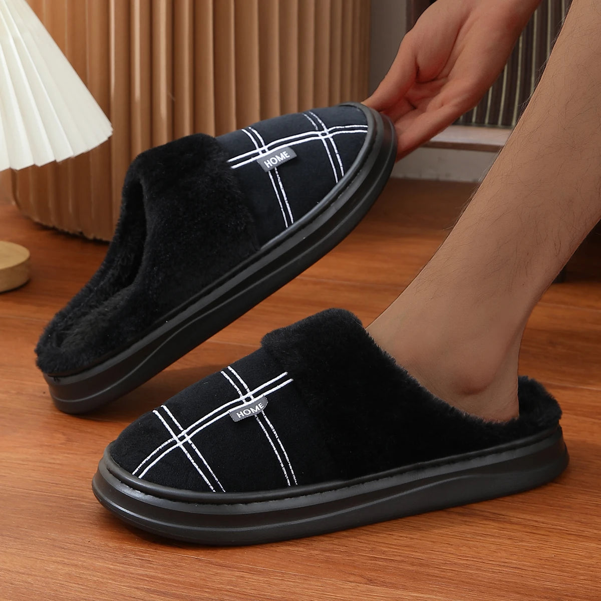 Men Home Slippers Plaid Memory Foam Winter Plush Warm Non-Slip Black Large size 50-51 Fashion