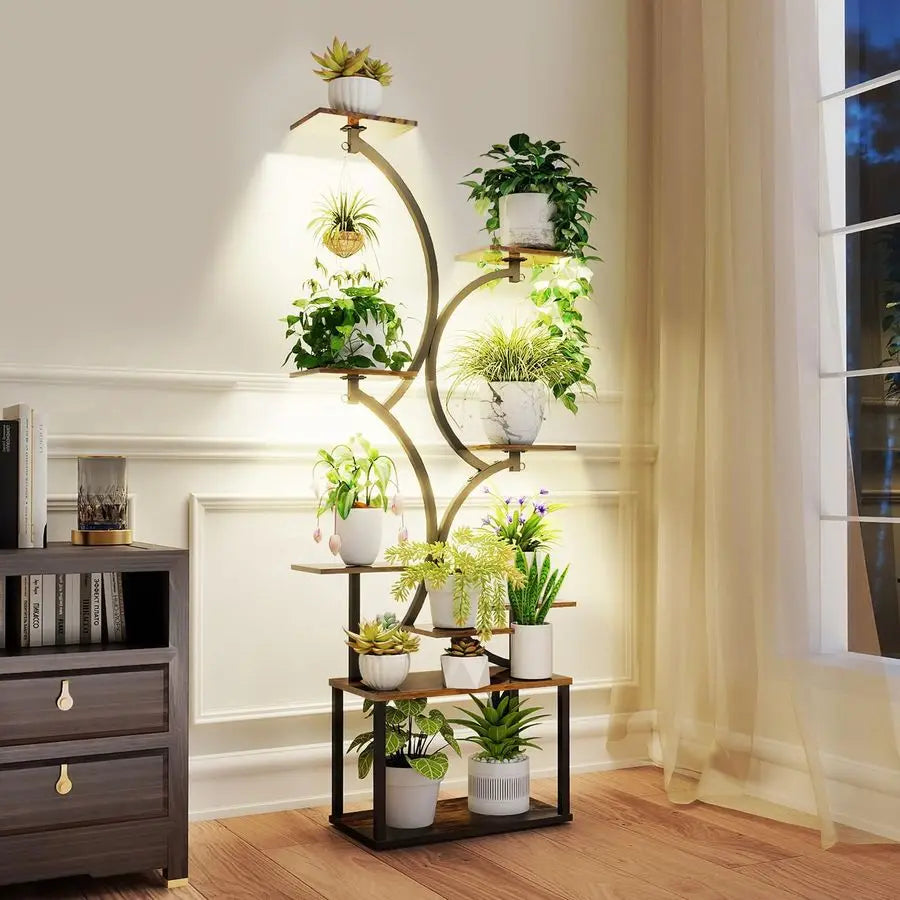 indoor,Grow Lights, 64 Tall 9Tier SShaped Modern Plant Shelf,Rustic Wood Boards, Decorative Metal