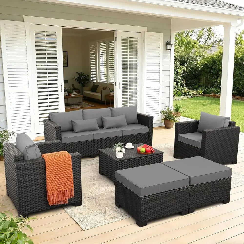 6-Piece Outdoor Wicker Patio Furniture Set with Grey Cushions