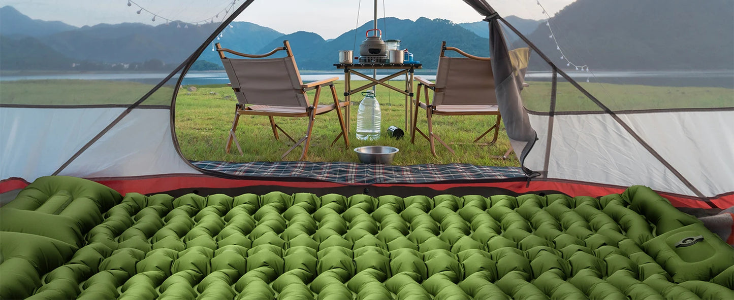 Double Sleeping Pad 4" Thick for 2 Person, Pillow Built-in Foot Pump Inflatable Backpacking Hiking