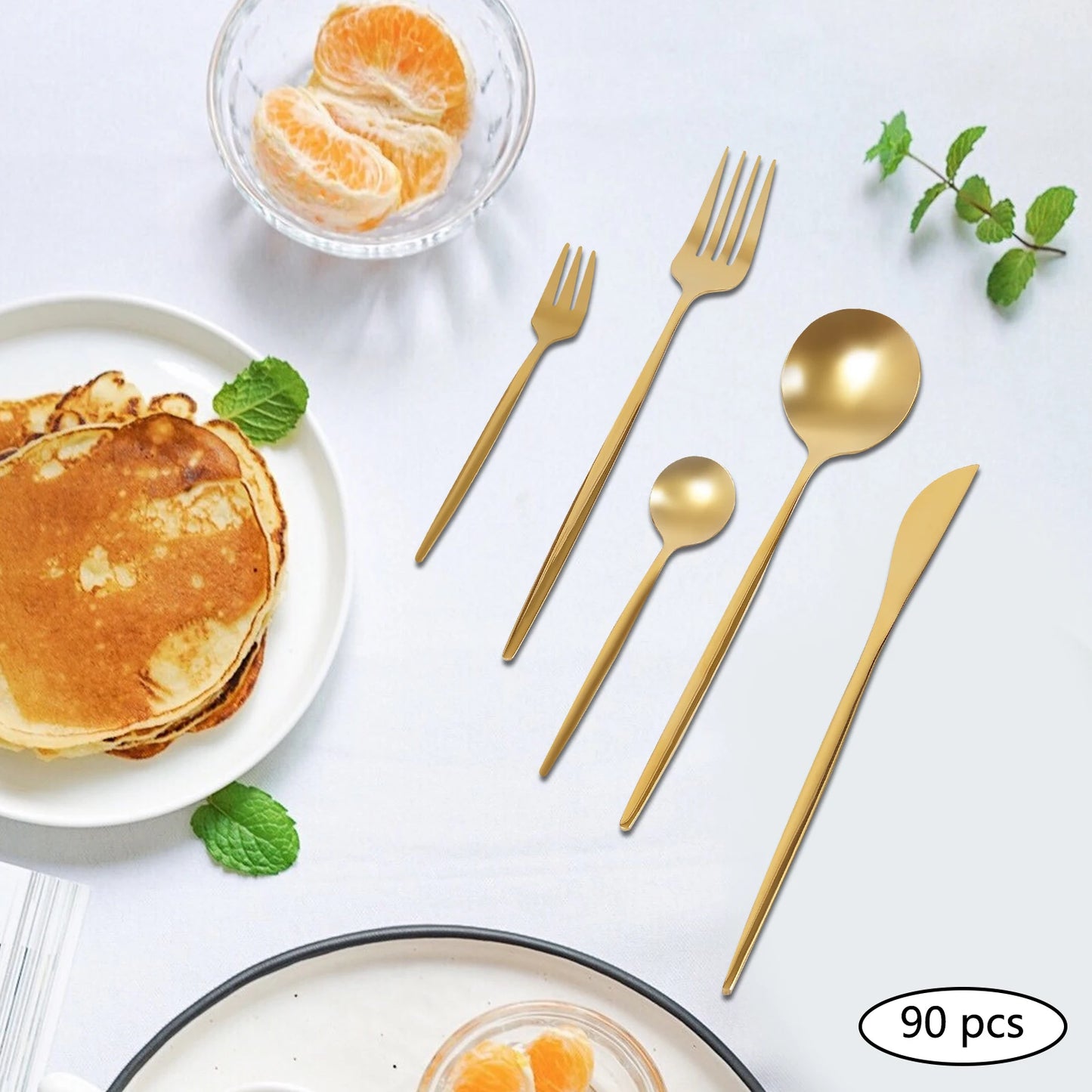 90 Pcs Gold Flatware Set Stainless Steel Utensil Kitchen Tableware Forks Knives Spoons Cutlery