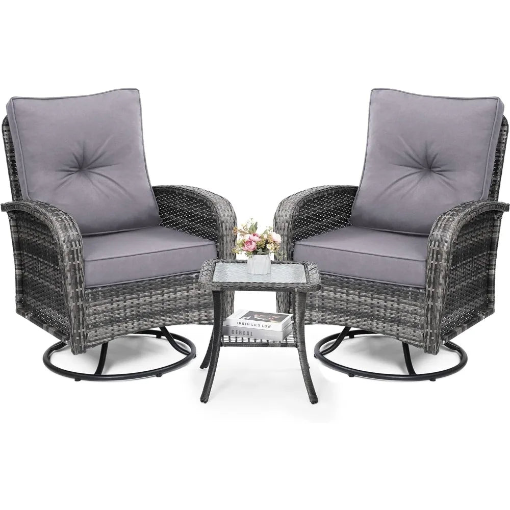 2 Luxury Outdoor Swivel Wicker Glider Chairs, Table, Overstuffed Washable Cushions,  Porch,Deck